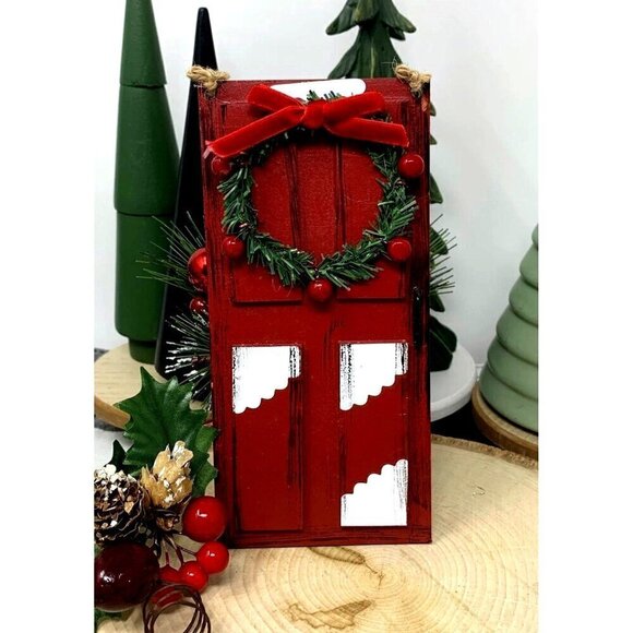 Farmhouse Christmas Door Sign 6in Red Tiered Tray Ornament Holiday Rustic Decor - Picture 5 of 6